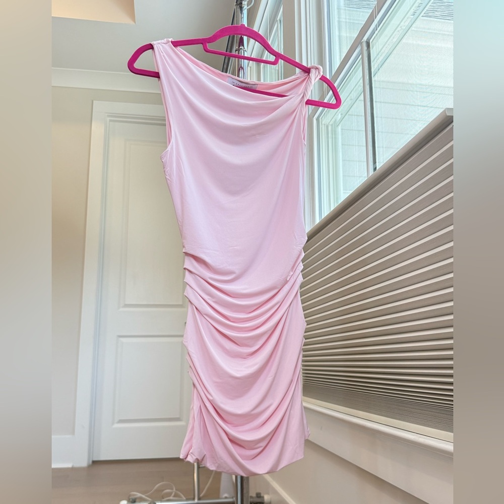 ARULA Pink Asymmetrical Ruched Sheath Dress
